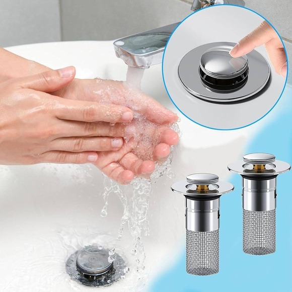 Set of 2 Bathroom Sink Stopper Pop-Up Design with Stainless Steel Hair‎ Catcher - Picture 8 of 9